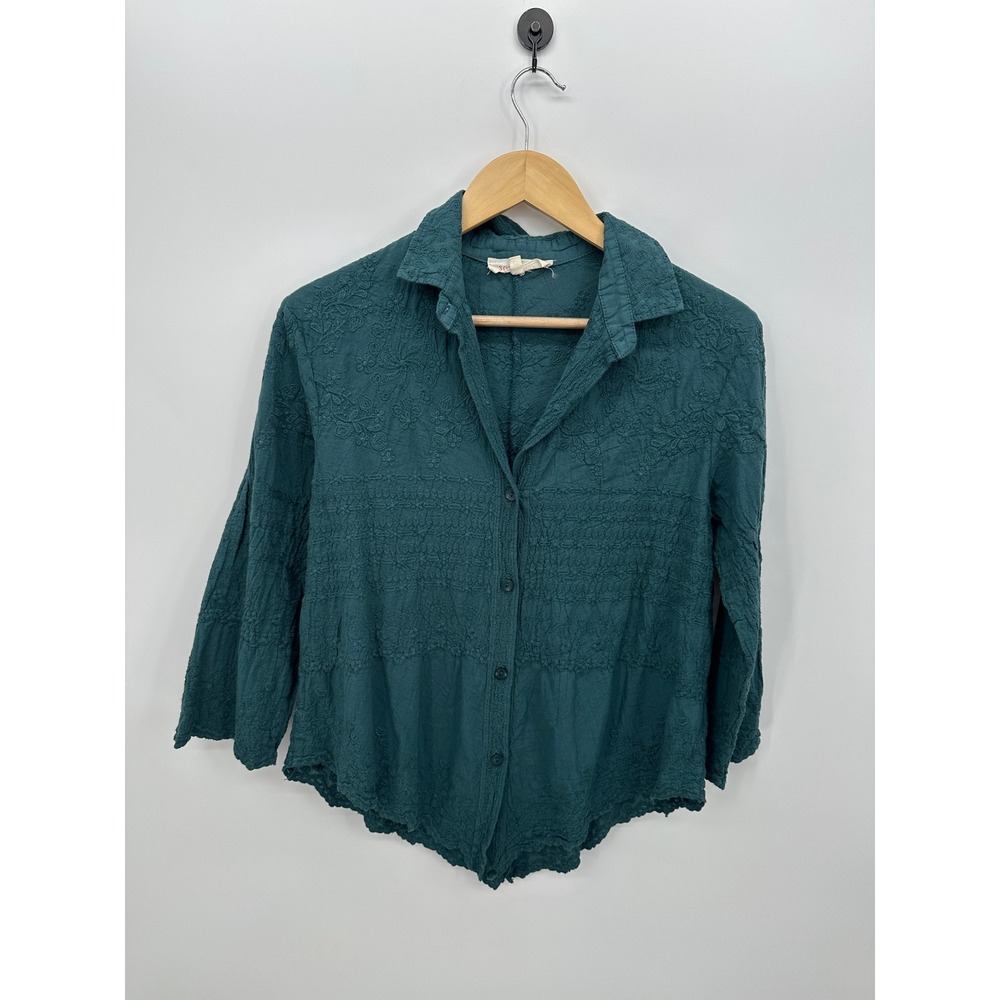Solitaire Teal Embroidered Boho Button Front Top Women Sz M Coastal Cottagecore